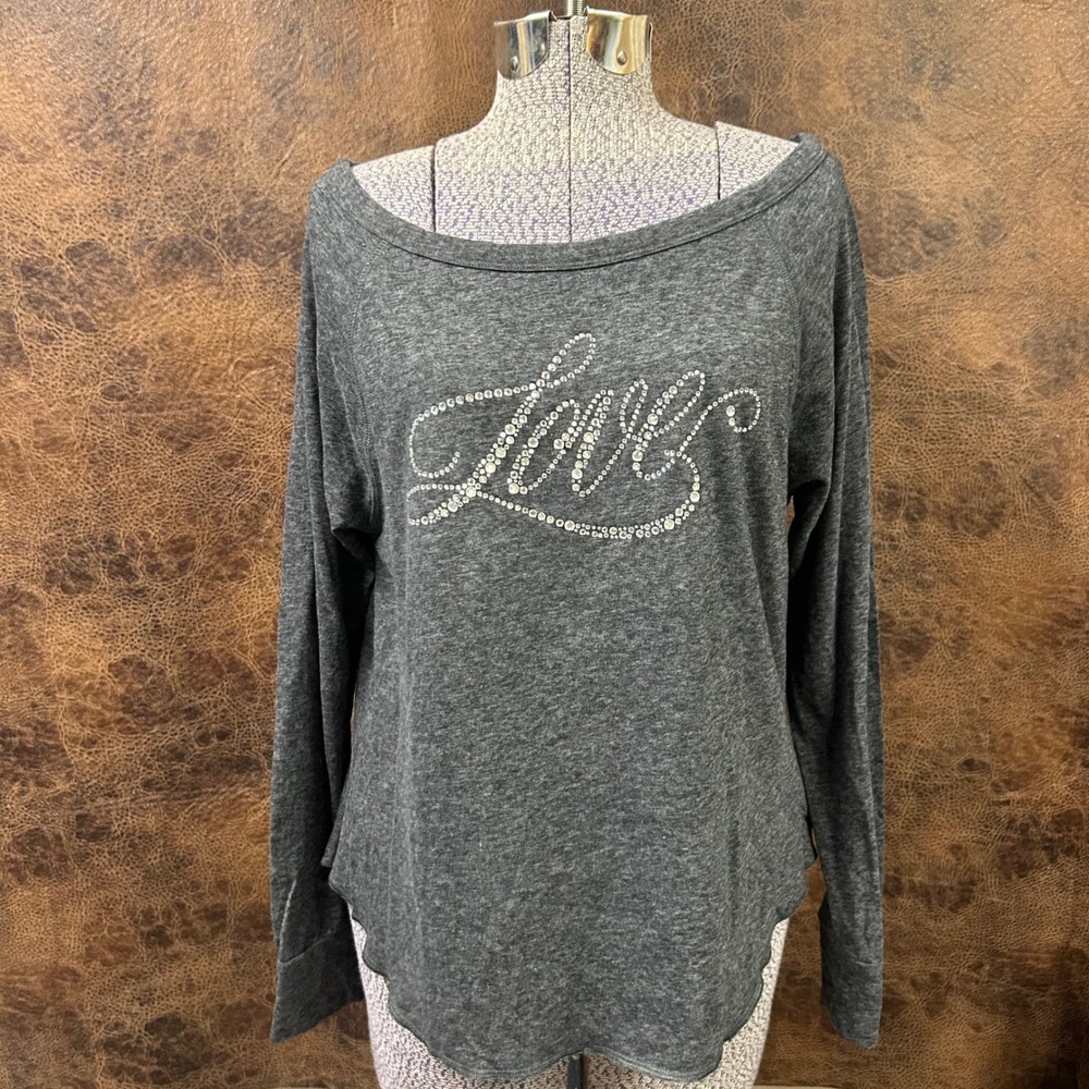 Victoria Secret grey long sleeve top with bedazzled "Love" on front. Size Small
